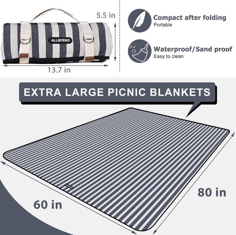 ALLBFENG Picnic Blankets 80" x 60" Extra Large Outdoor Blanket Sand Free Foldable with Carry Strap for Beach, Camping, Park Grass, Hiking, Travel, Concerts, Indoors - Image 2